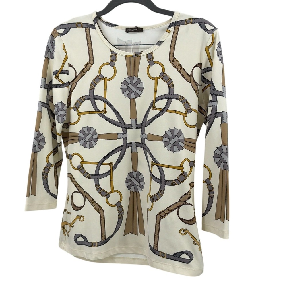 J.McLaughlin Top Womens Medium White Equestrian Harness Buckle Print 3/4 Sleeve